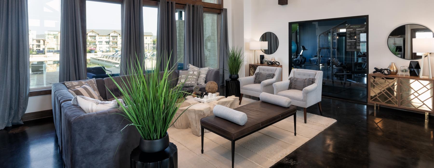 a living room with a large glass door