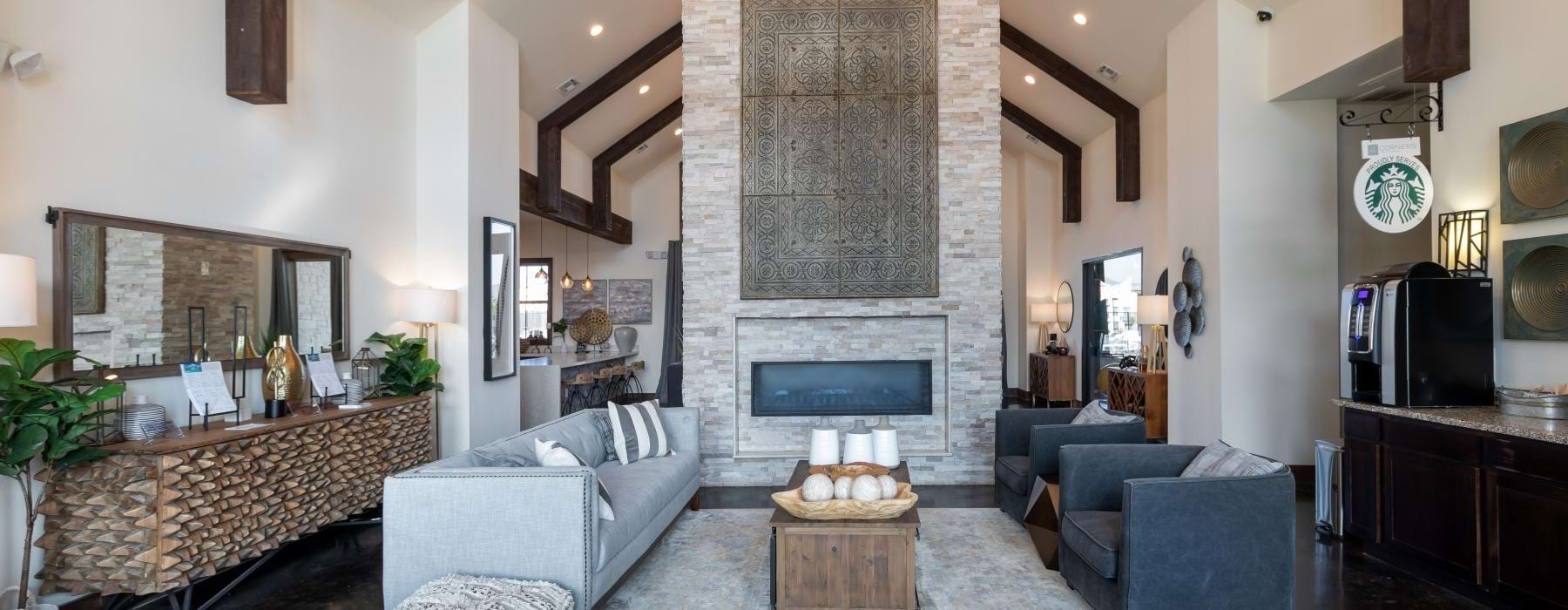 a living room with a fireplace
